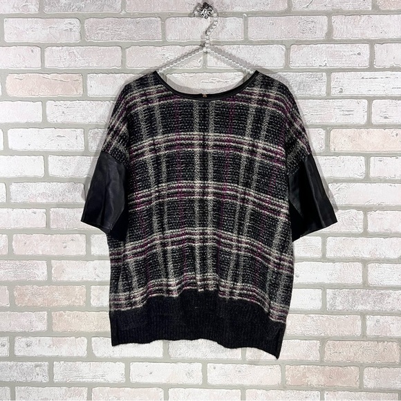St John Plaid Mohair Wool Blend Leather Trim Short Sleeve Sweater Size L - Picture 2 of 11